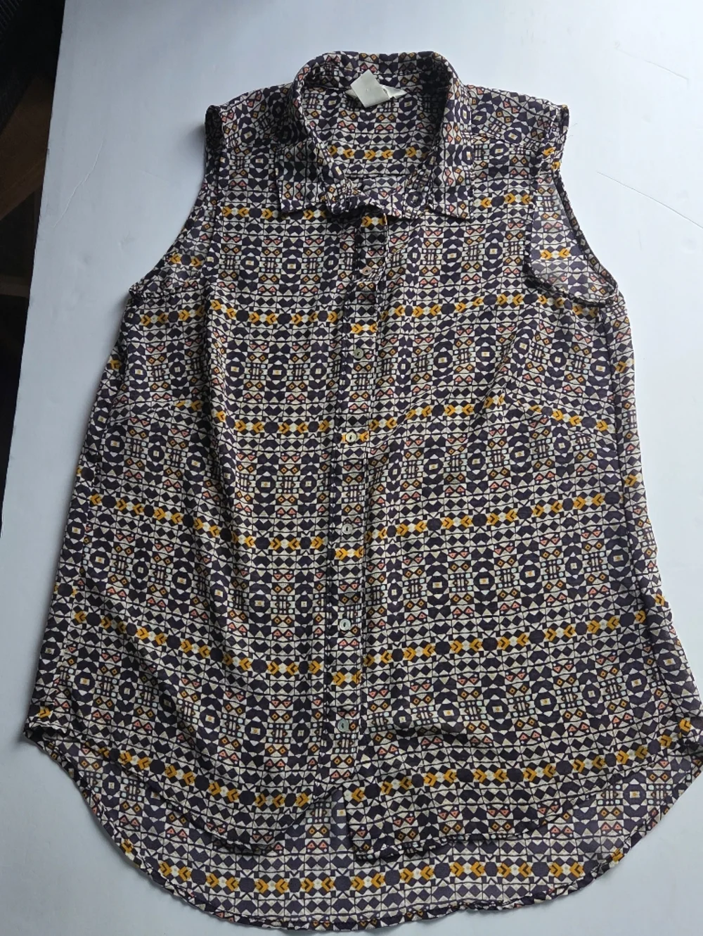 H&M Sheer Mosaic Boho Blouse Yellow & Blue Tile - Picture 2 of 9